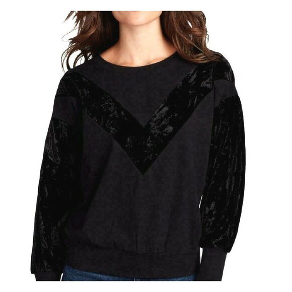 William Rast Womens Black Hannah Sweatshirt Velvet Inlay Crew Pullover Large NEW - Picture 2 of 4